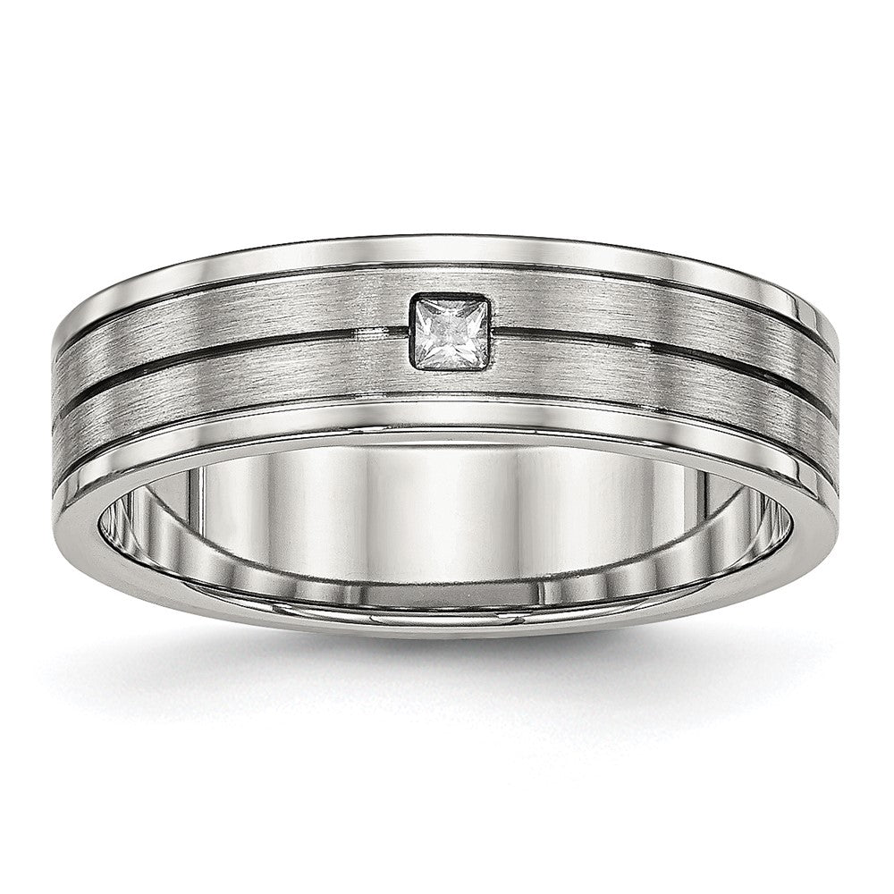 Stainless Steel Polished w/Brushed Center CZ 6mm Grooved Band Size - 7.5