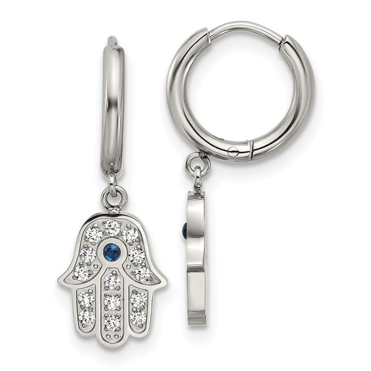 Chisel Stainless Steel Polished Blue and White Zircon Hamsa Dangle Hinged Hoop Earrings