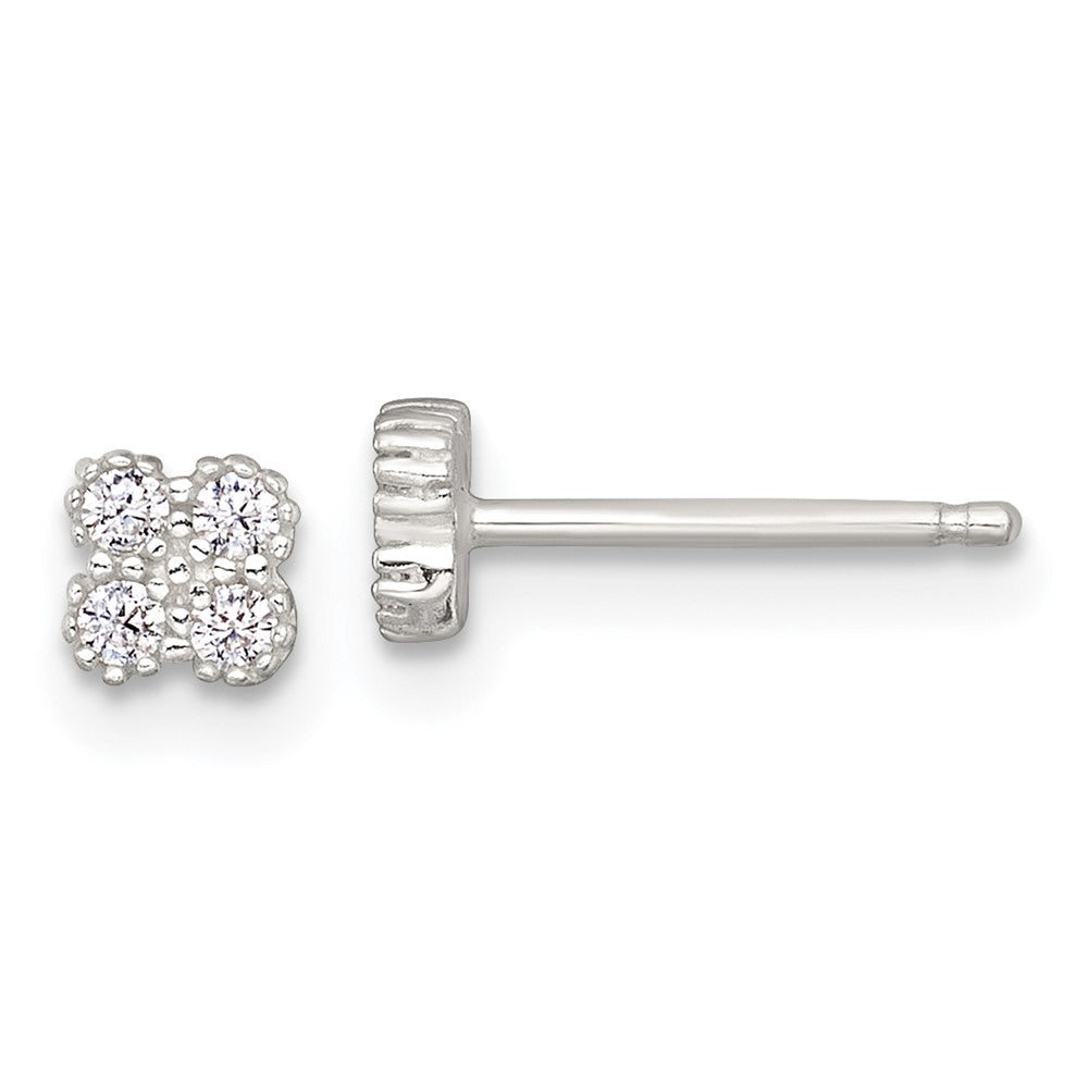 Sterling Silver Polished Textured White CZ 4.3mm Quatrefoil Post Earrings