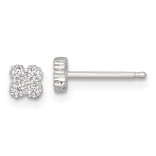 Sterling Silver Polished Textured White CZ 4.3mm Quatrefoil Post Earrings