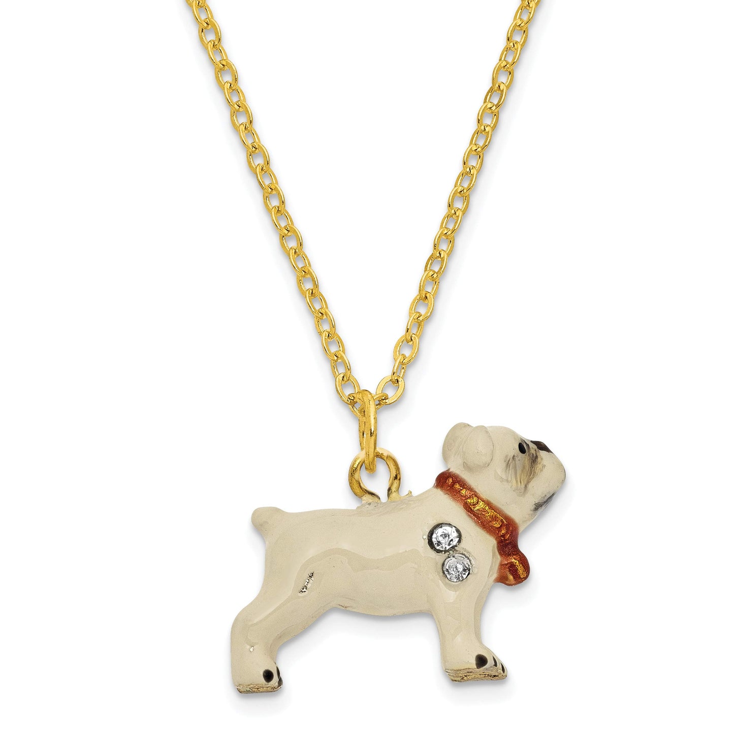 Luxury Giftware by Jere Pewter Bejeweled Crystals Gold-tone Enameled BUTCH Bulldog w/Football Trinket Box with Matching 18 Inch Necklace QBJ2035
