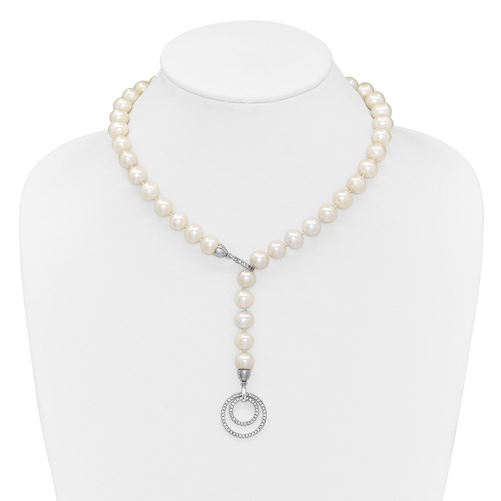 Sterling Silver Rhodium-plated 10-11mm White Near-Round Freshwater Cultured Pearl and CZ Clasp Adjustable 19.5 inch Necklace 19.5 Inches
