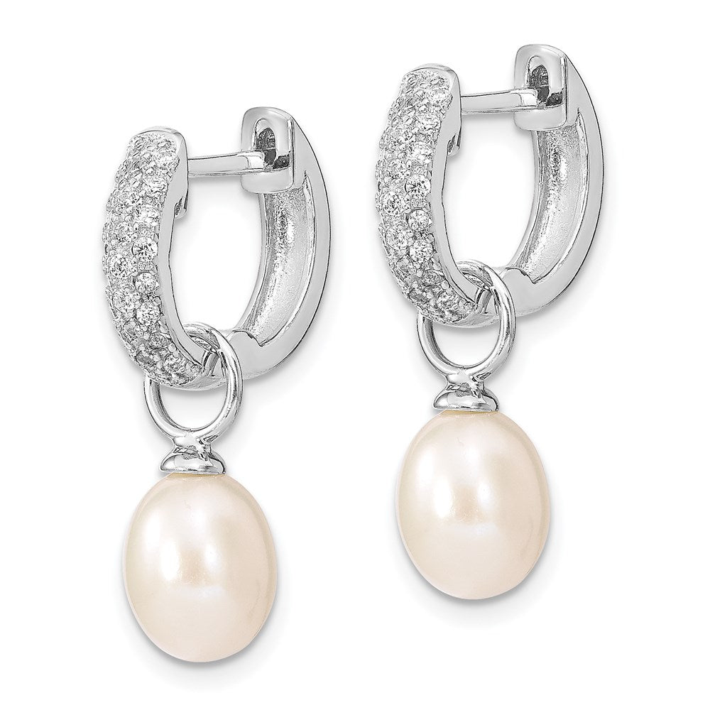 Sterling Silver Rhodium-plated 7-8mm Pink and White Rice Freshwater Cultured Pearl and CZ Interchangeable Post Earrings Set
