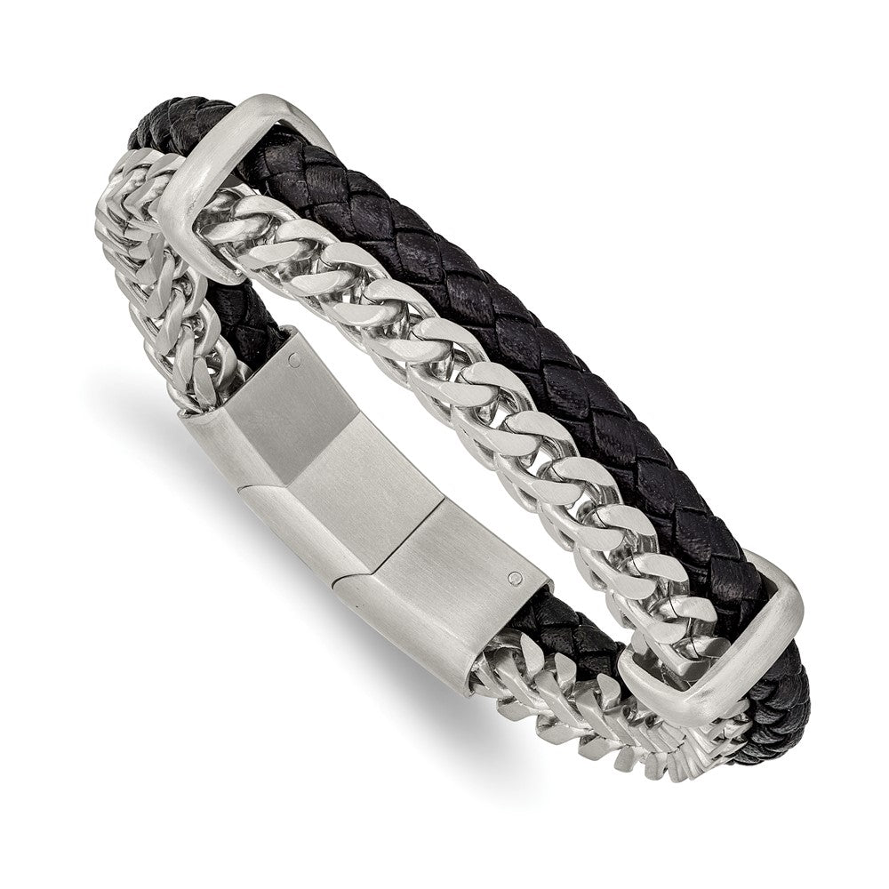 Stainless Steel Brushed Leather and Chain 8in w/.5in ext. Bracelet 8 inches