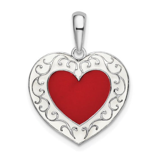 Sterling Silver Polished Enameled Heart w/Scroll Pendant