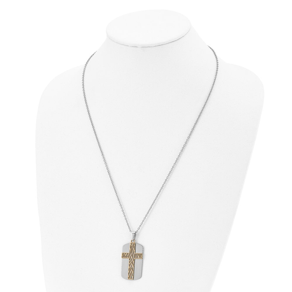 Stainless Steel Polished Yellow IP-plated Cross Dog Tag 24in Necklace