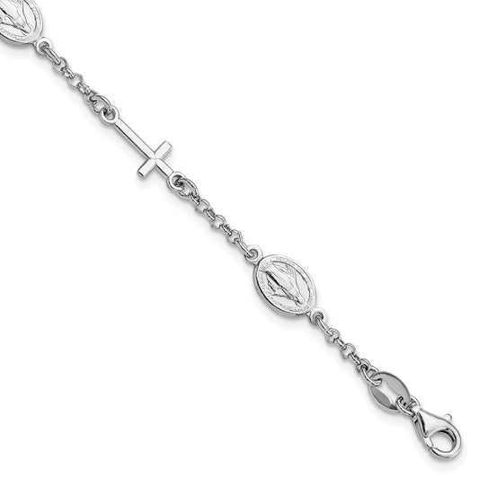 Sterling Silver RH-Plate Cross Miraculous Medal 6in w/1in ext Bracelet 7.5 inches