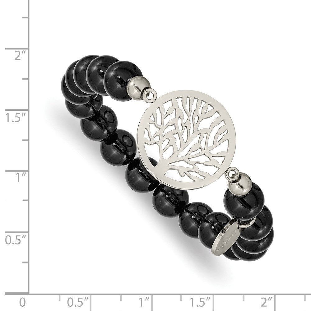 Stainless Steel Polished Tree of Life Black Agate Beaded Stretch Bracelet 6.25 inches
