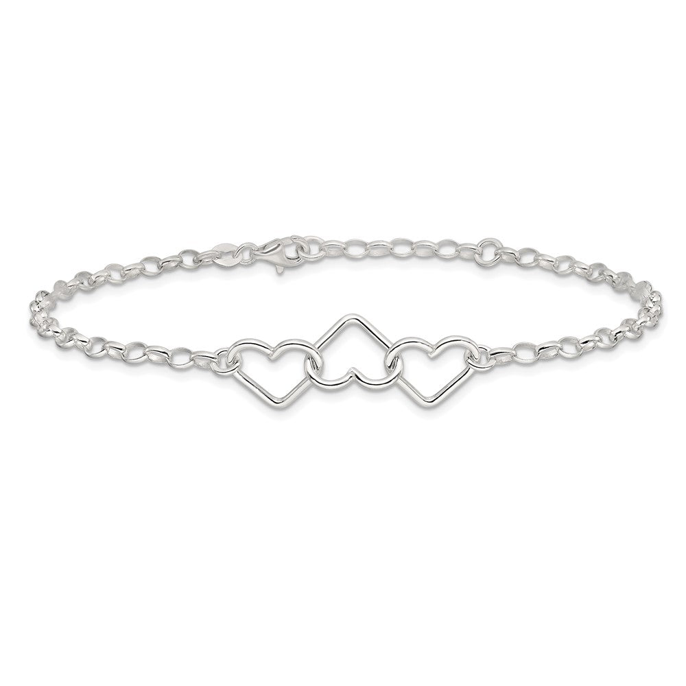 Sterling Silver 8 in Plus 1in Ext Interlocking Hearts Rolo Chain Anklet 9 inches