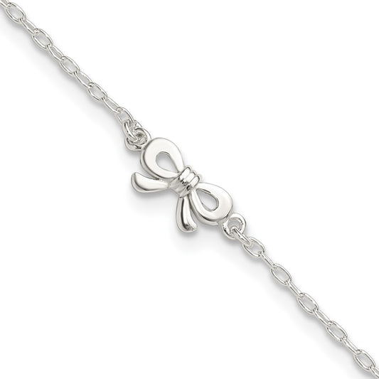 Sterling Silver Polished CZ Bow 9in Plus 1in Ext. Anklet 9 inches