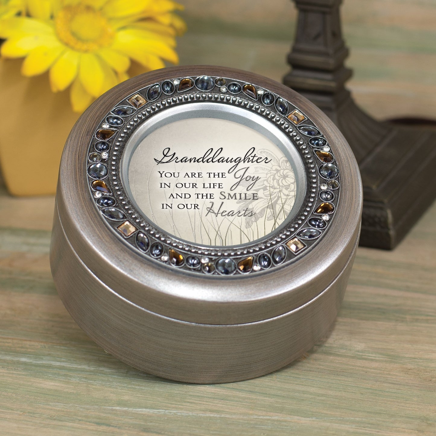 Cottage Garden Granddaughter the Joy and Smile Brushed Silver Round Jeweled Music Box Plays Tune Wonderful World