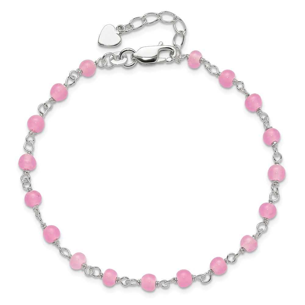 Sterling Silver Pink Glass Bead with Heart 8in Plus 1in ext Anklet 9 inches