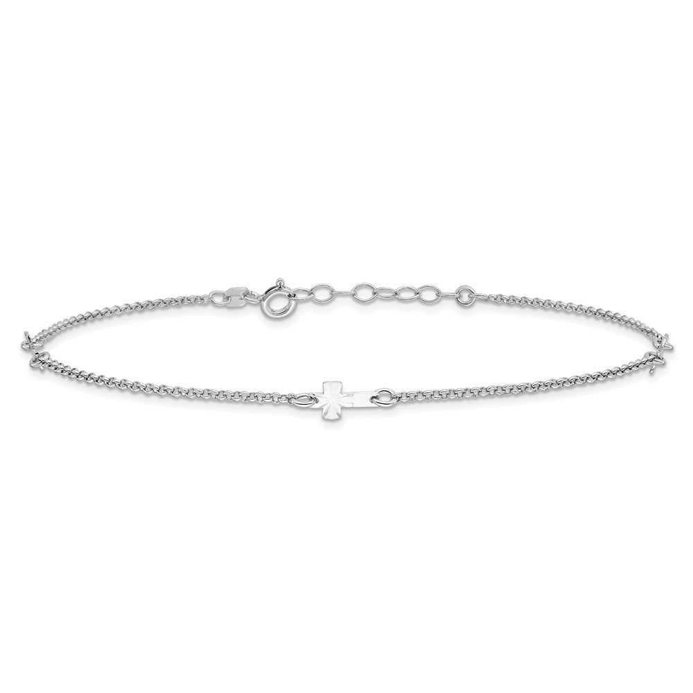 Sterling Silver Rhod-plated Diamond-cut Crosses 9in Plus 1in Ext. Anklet 9 inches