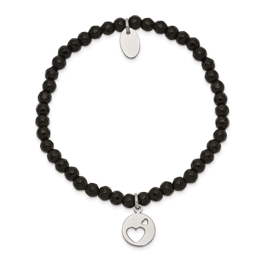 Stainless Steel Polished Hearts Black Jade Beaded Stretch Bracelet 6.25 inches