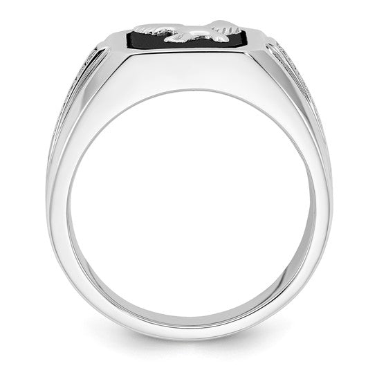 10K White Gold Polished Onyx & Diamond Eagle Mens' Ring