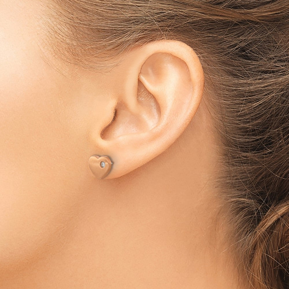 Titanium Brushed Rose IP-plated with CZ Heart Post Earrings