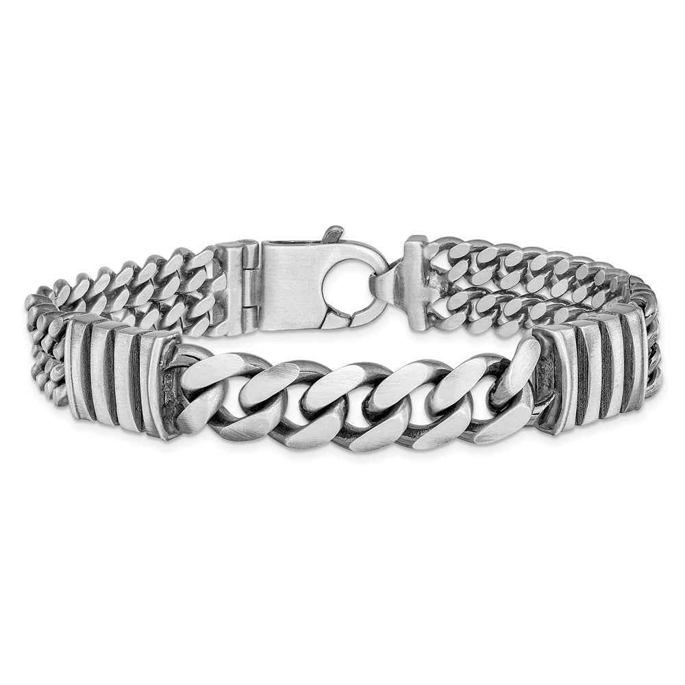 Sterling Silver Mens Antiqued Brush Double Curb Bracelet 8.5 inches