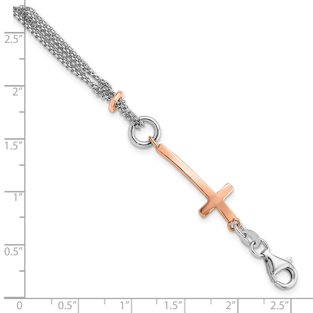 Sterling Silver w/Rose-tone Cross w/1.5in ext. w/Cross Bracelet 7  inches