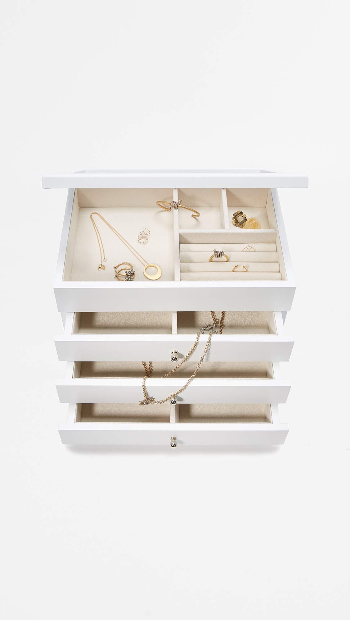 Bey-Berk International BB684WHT White Wood Jewelry Case with 3 Drawers & Glass See-Thru Top