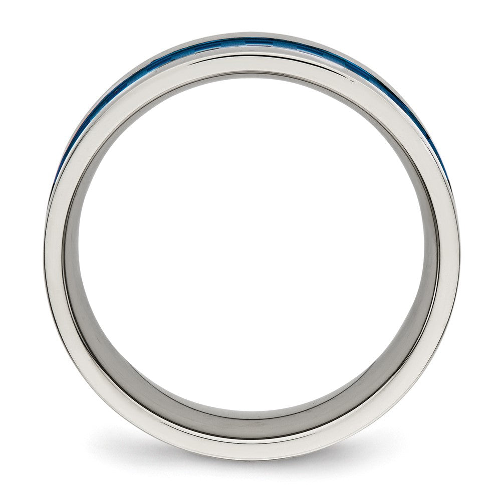 Stainless Steel Polished Blue IP-plated Checkered Design 7mm Band Size - 9.5