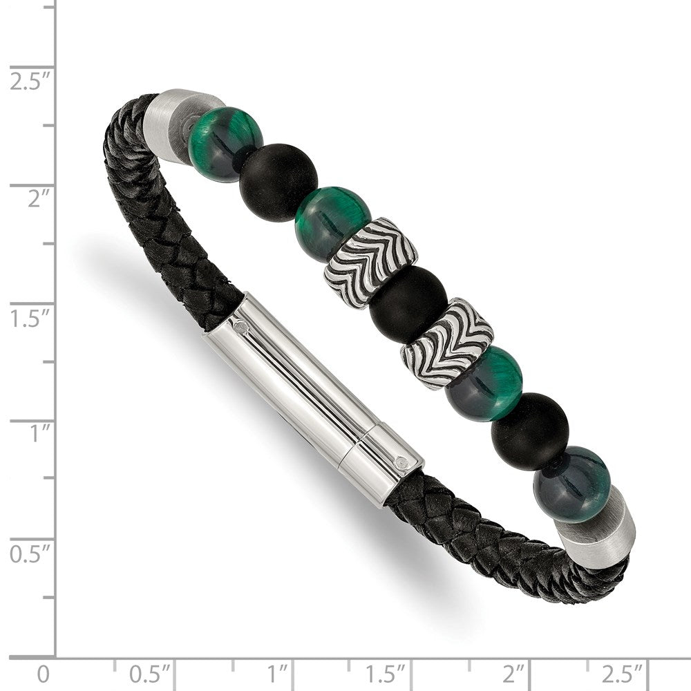 Stainless Steel Antiqued & Polished Black Agate/Green Tiger's Eye Leather B 8.5 inches