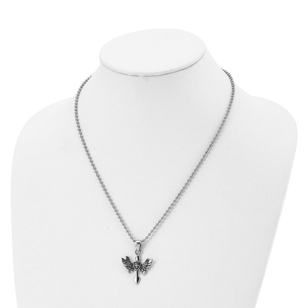 Stainless Steel Antiqued and Polished Cross with Wings 20in Necklace
