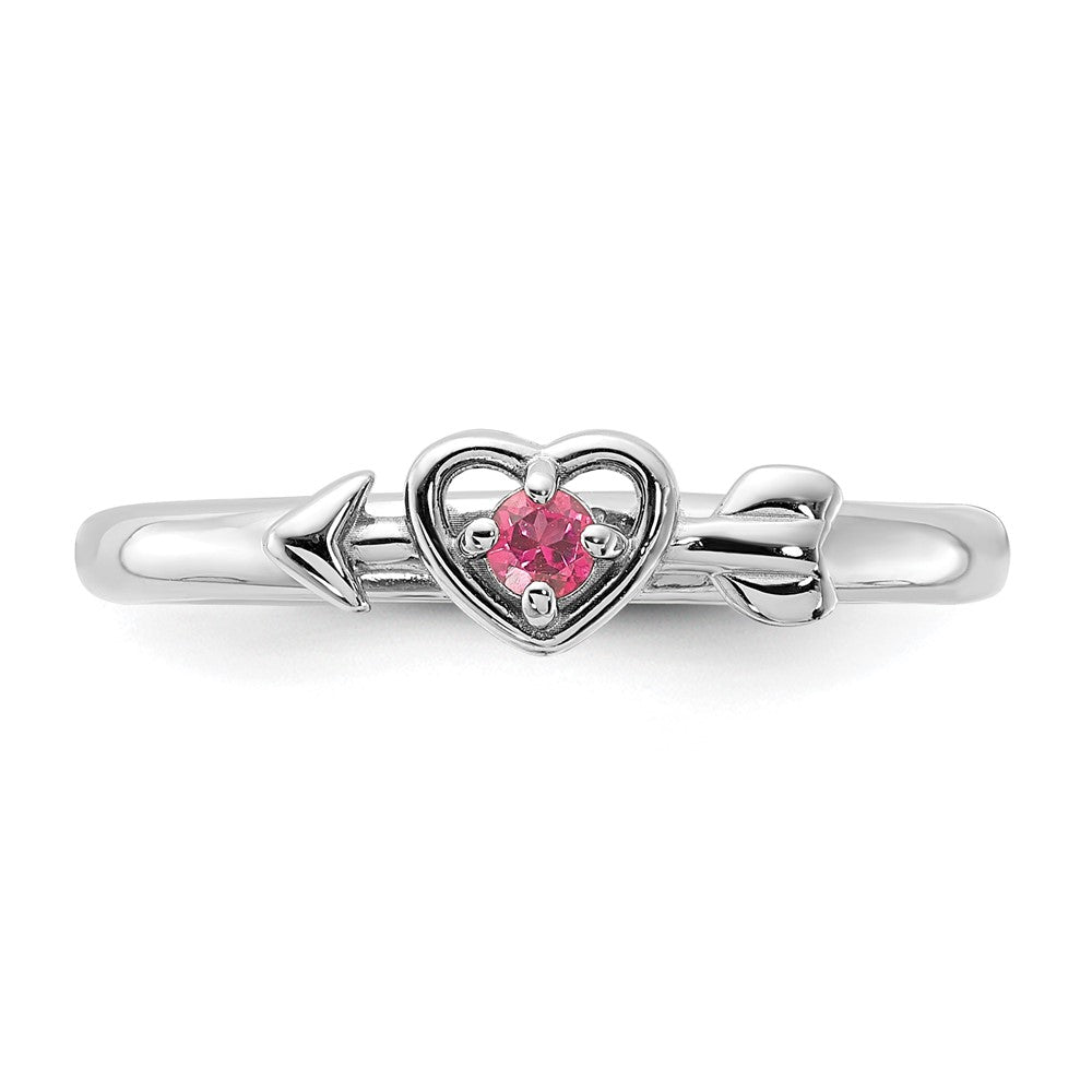 Sterling Silver Stackable Expressions Rhodium-plated Pink Tourmaline Heart with Arrow Ring Size -8