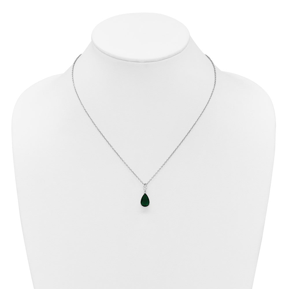 Cheryl M Sterling Silver Rhodium-plated Polished CZ and Green Glass Teardrop 18 Inch Necklace