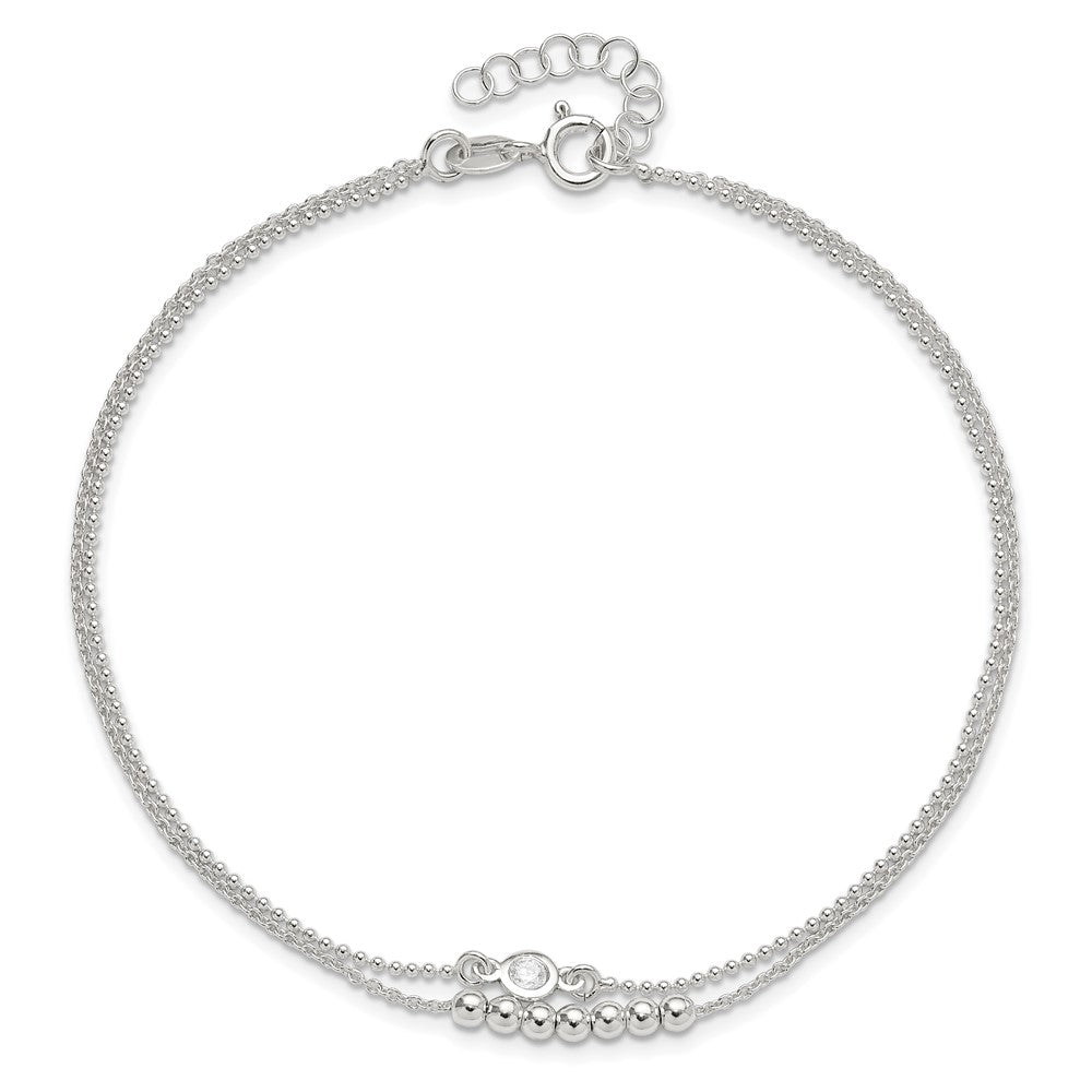 Sterling Silver 2-Strand Beaded CZ 9in Plus 1in Ext. Anklet 9 inches