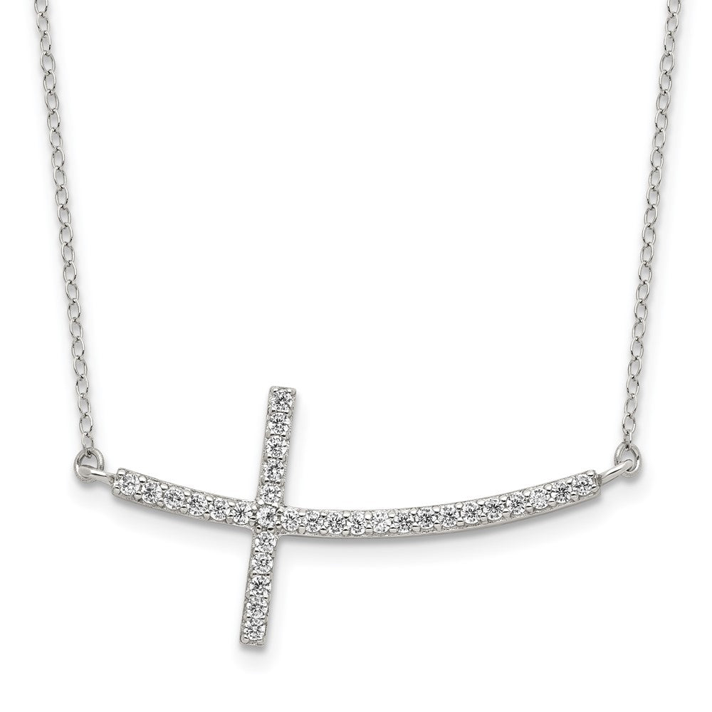 Sterling Silver Rhodium-plated CZ Sideways Cross w/2in Ext Necklace 16 Inches