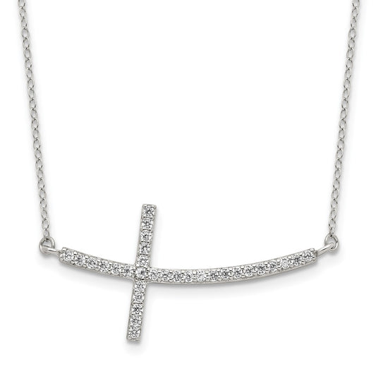 Sterling Silver Rhodium-plated CZ Sideways Cross w/2in Ext Necklace 16 Inches