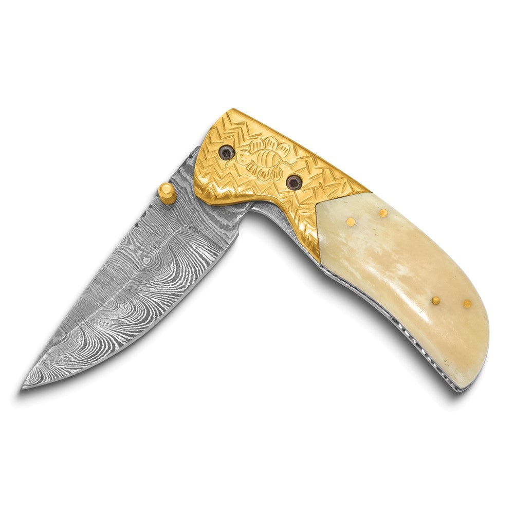 Luxury Giftware by Jere Damascus Steel 256 Layer Folding Blade Camel Bone Handle Knife with Leather Sheath and Wooden Gift Box