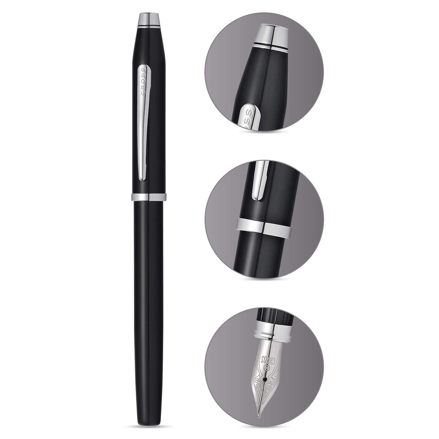 Crossr Century II Black Lacquer with Chrome Fountain Pen with Medium Stainless Steel Nib QGM20508