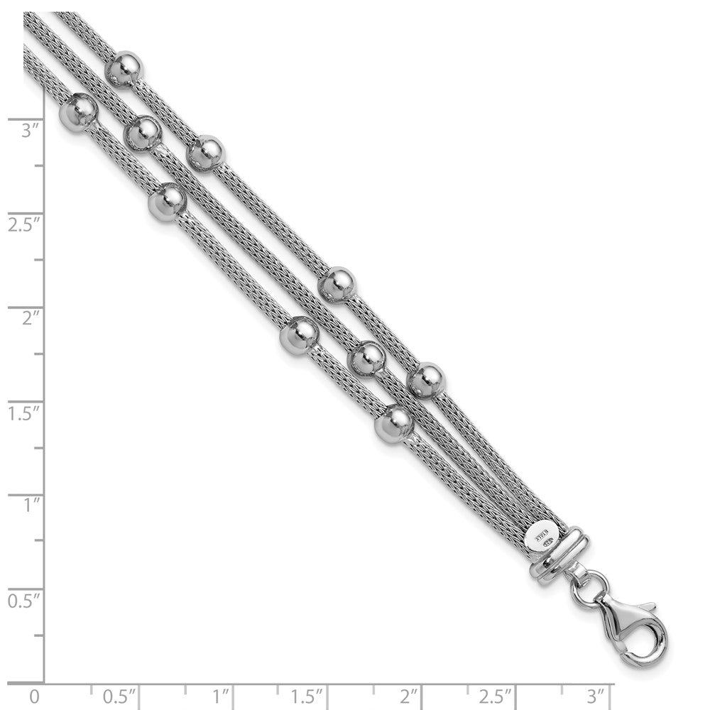 SS RH-plated Polished 3-strand Bead w/1in ext. Bracelet 8.5  inches