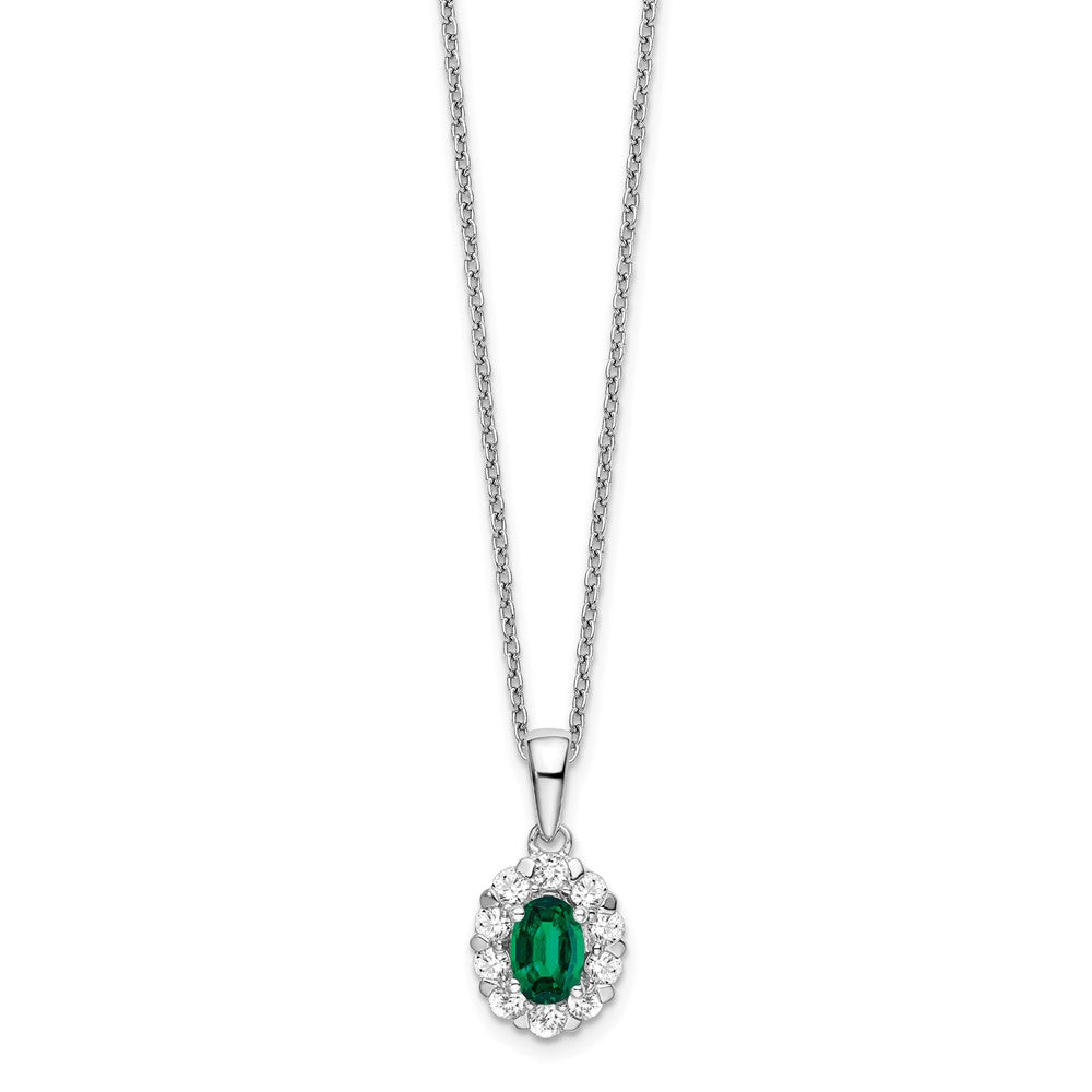 14k White Gold 1/2 carat Lab Grown Diamond VS/SI+ G+ and Oval Lab Created Emerald 18 inch Halo Pendant Necklace