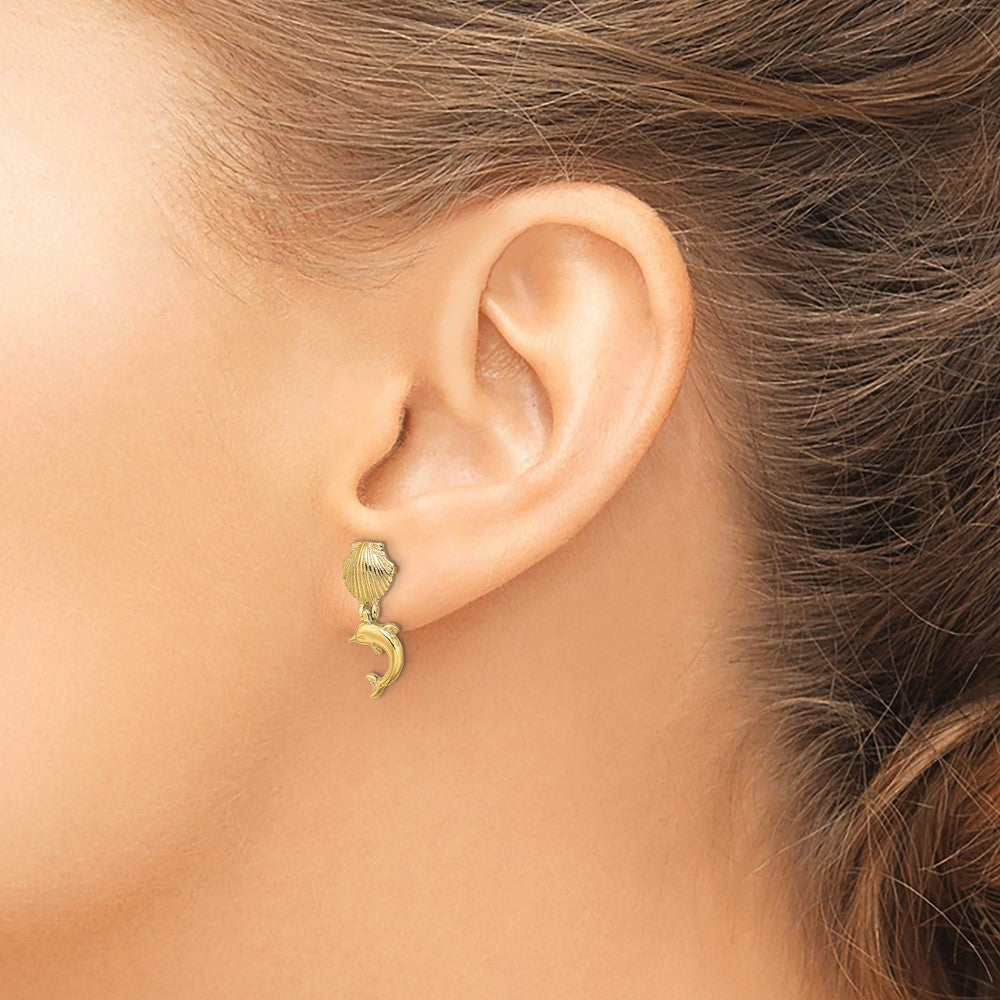 10k Dolphin Dangle From Mini Scallop Earrings