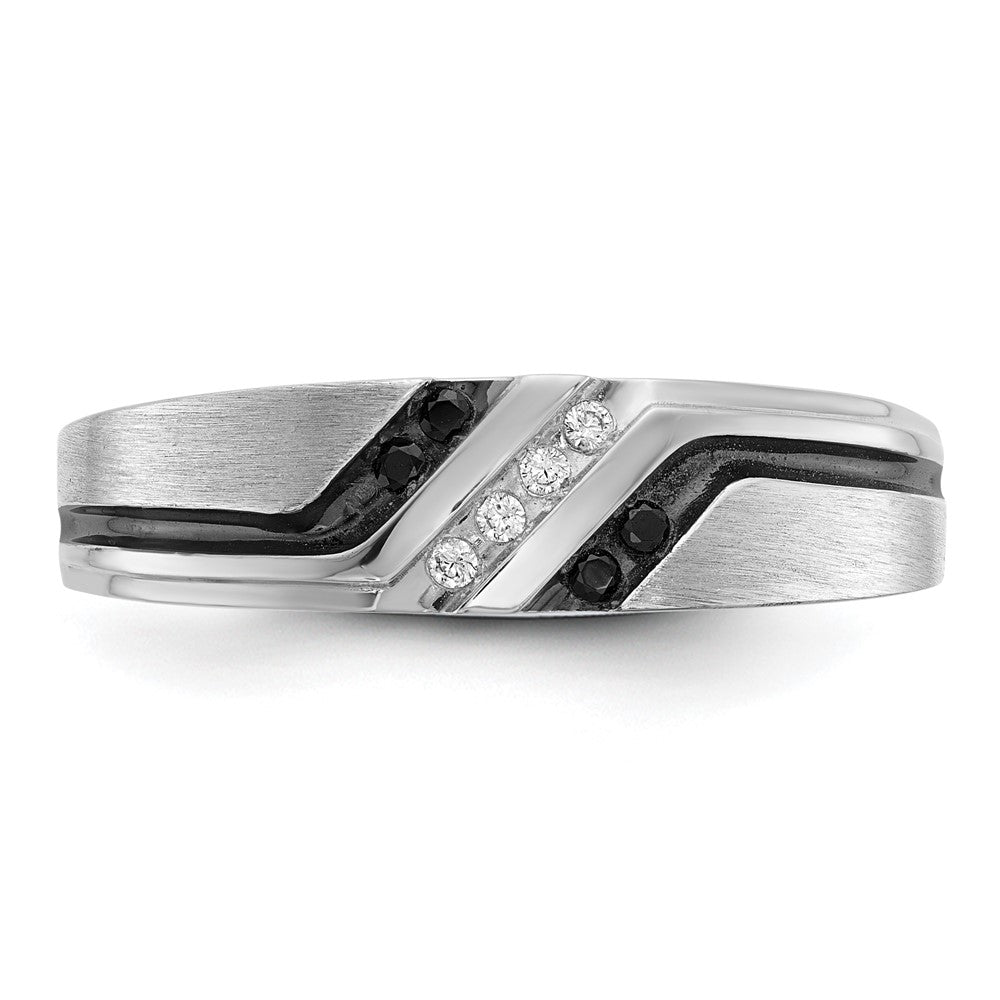 IBGoodman 14k White Gold 1/8 carat Lab Grown Diamond VS/SI+ G+ and 1/8 carat Black Mined Diamonds Complete Polished Satin and Grooved Men's Ring