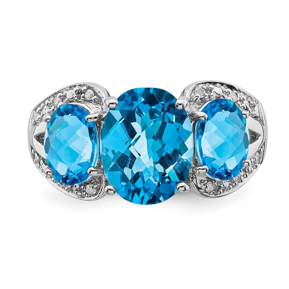 Sterling Silver Rhodium Oval Checker-Cut Blue Topaz & Diam. Ring