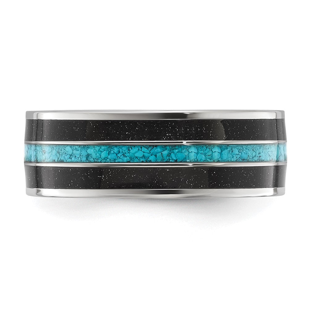 Chisel Stainless Steel Polished with Turquoise and Black Star Sandstone Inlay 8mm Band Size - 9