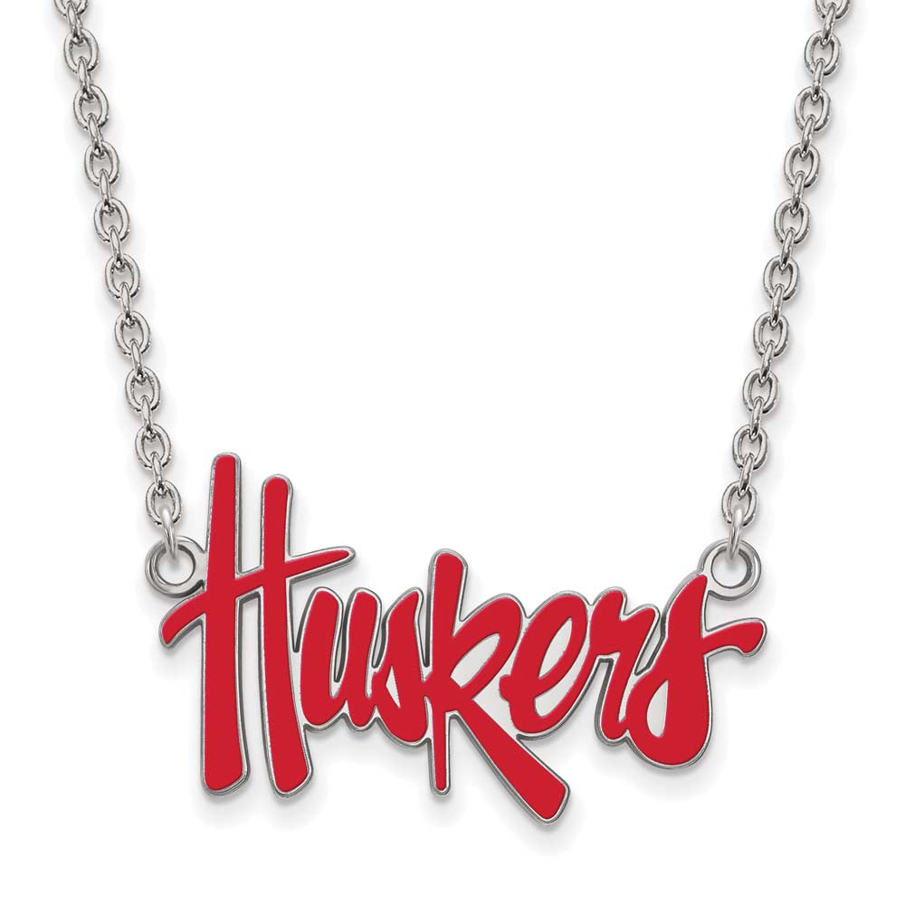 LogoArt Sterling Silver University Of Nebraska Large Enamel Pendant Necklace