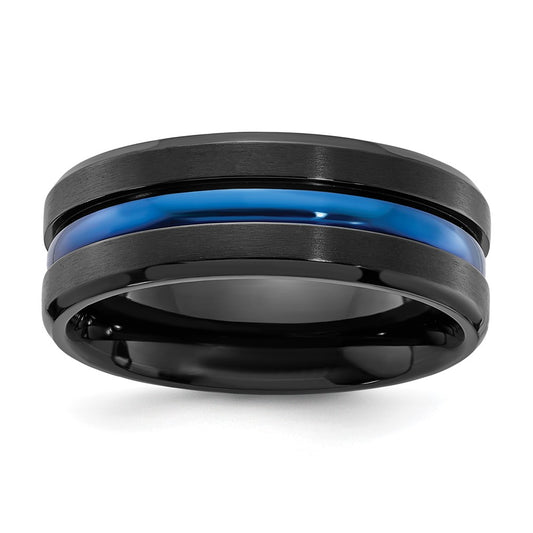 Black Titanium Brushed w/Polished Blue IP-plated Center 8mm Band Size - 8.5