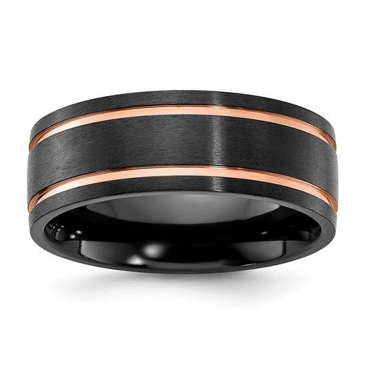 Chisel Black Zirconium Brushed and Polished Rose IP-plated 8mm Band Size - 9