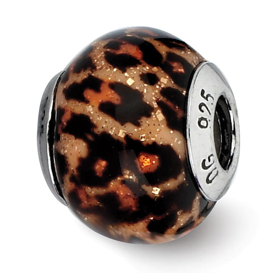 Sterling Silver Reflections Brown Jaguar Glitter Overlay Glass Bead