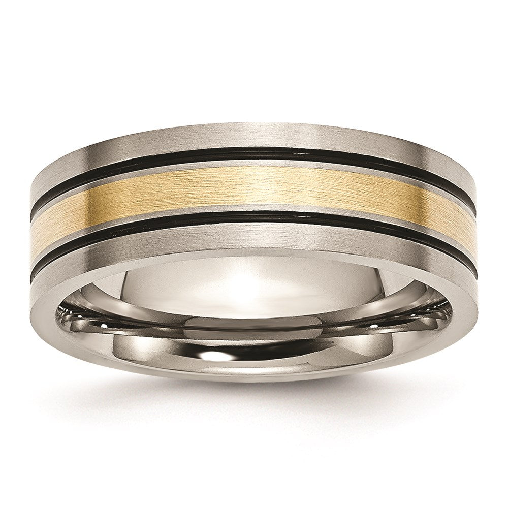 Titanium Antiqued and Brushed w/14k Yellow Inlay 7mm Flat Band Size - 8