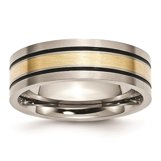 Titanium Antiqued and Brushed w/14k Yellow Inlay 7mm Flat Band Size - 8