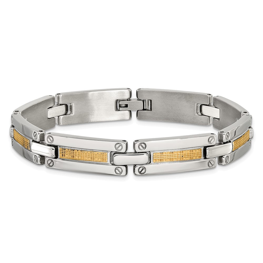 Chisel Stainless Steel Polished with 14K Gold Accent Basket Weave Pattern 8.5 inch Link Bracelet 8.5 inches