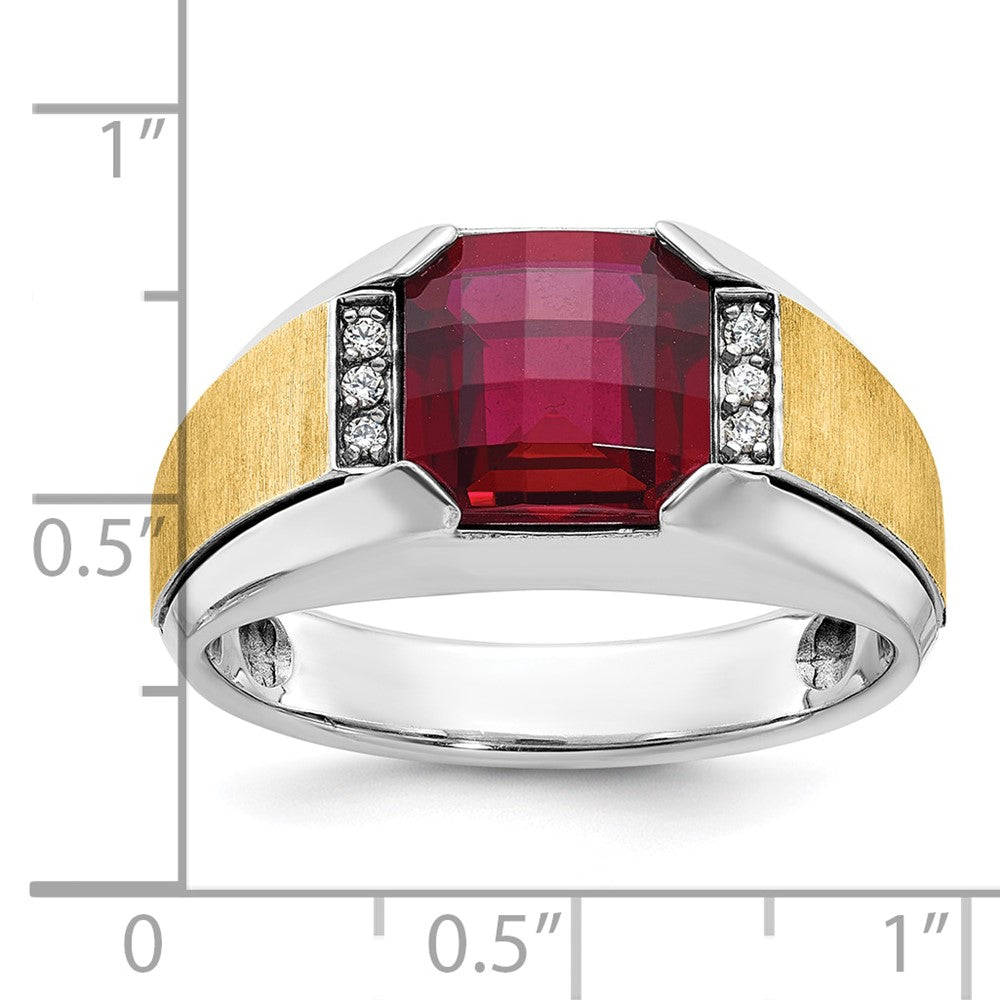 IBGoodman 14k Two-tone Men's Polished and Satin Lab Created Garnet and AA Quality Diamond Ring