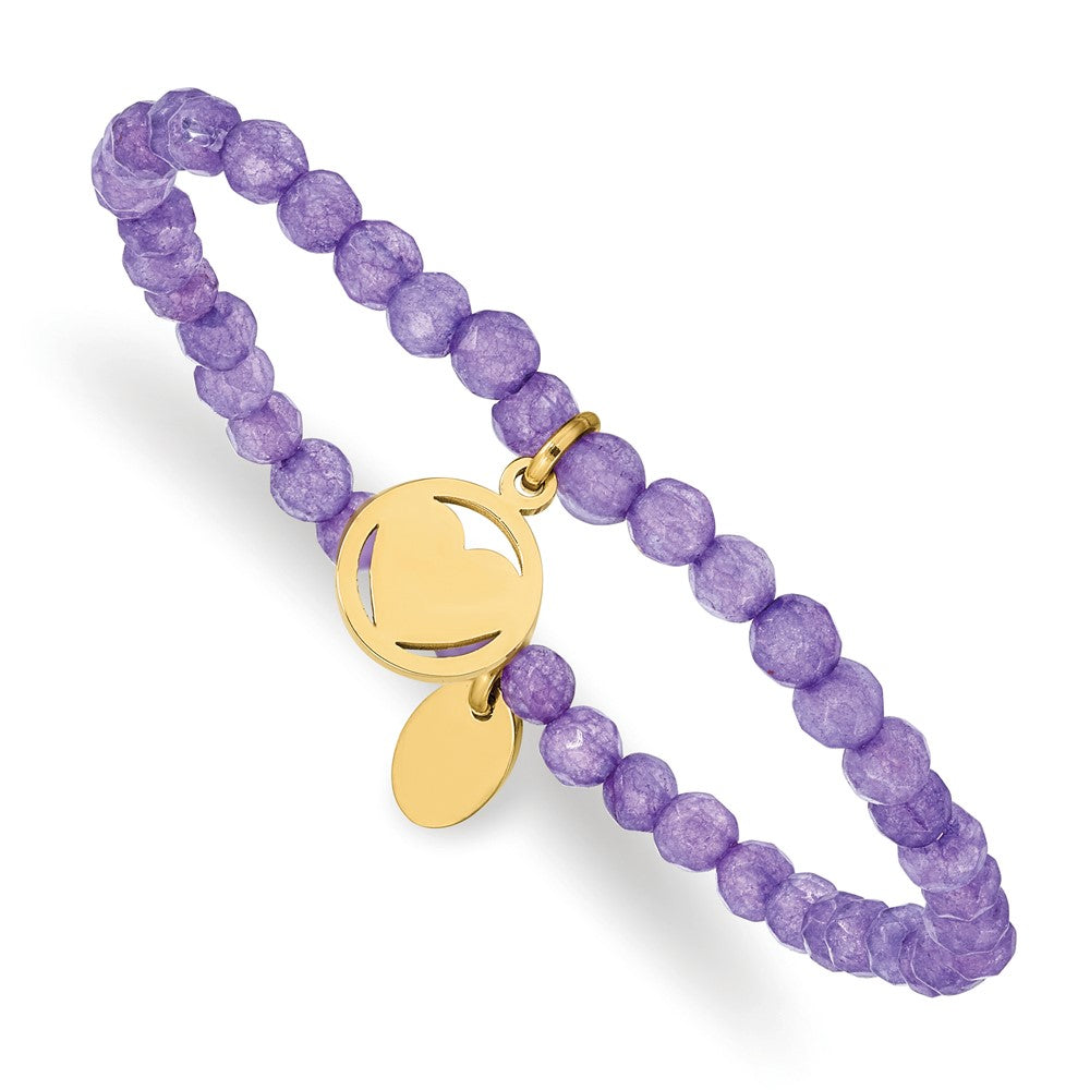 Stainless Steel Polished Yellow IP Heart Light Purple Jade Stretch Bracelet 6.25 inches