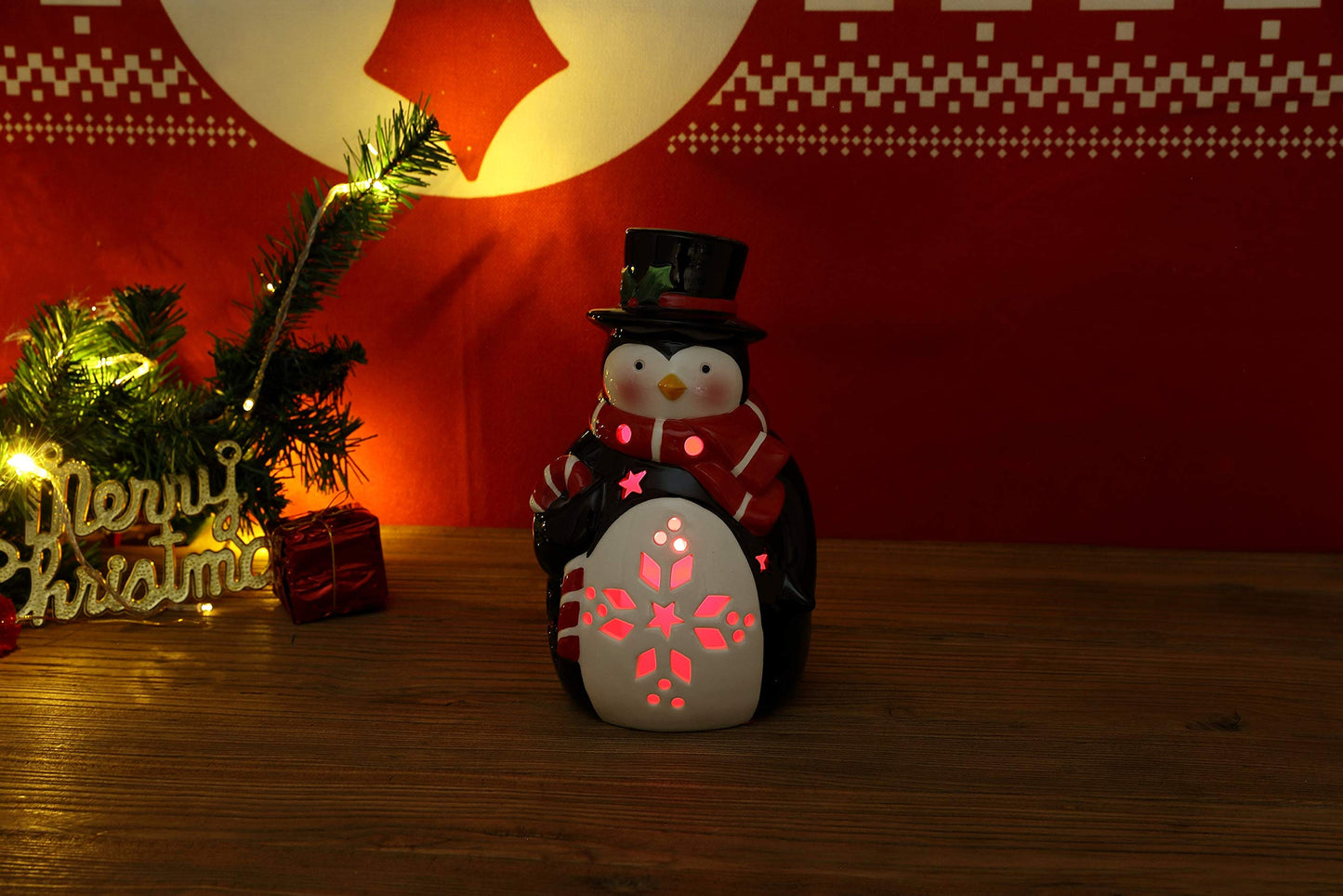 Penguin Ceramic Christmas LED Tabletop Lantern Statue