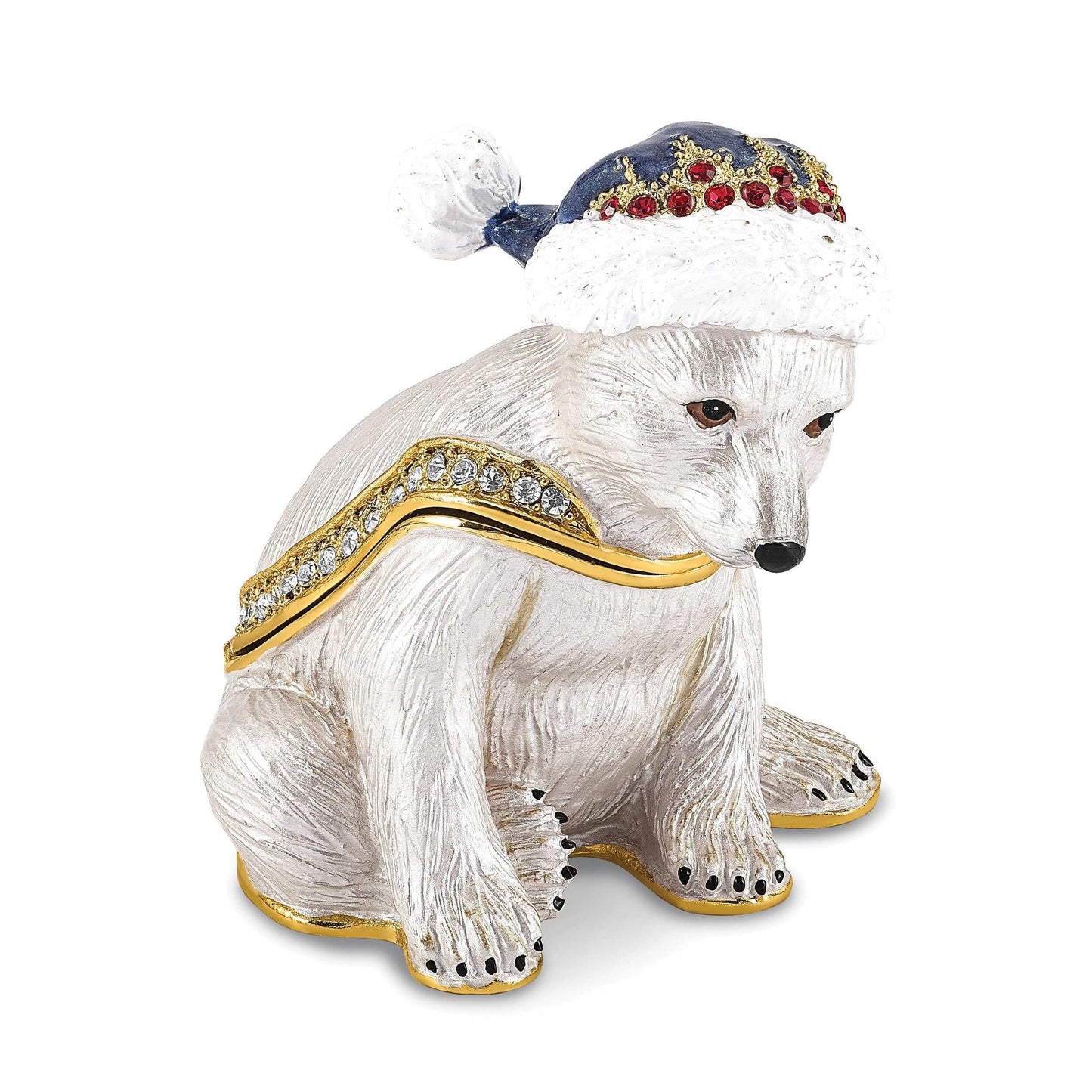Luxury Giftware Pewter Bejeweled Crystals Gold-tone Enameled NOELLE Cuddly Polar Bear Cub Trinket Box with Matching 18 Inch Necklace QBJ4093